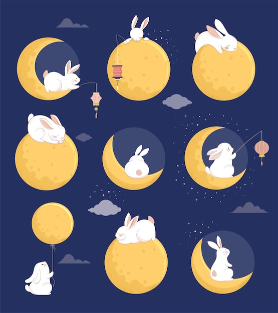 Vector mid autumn festival concept design with cute rabbits bunnies and moon illustrations chinese korean