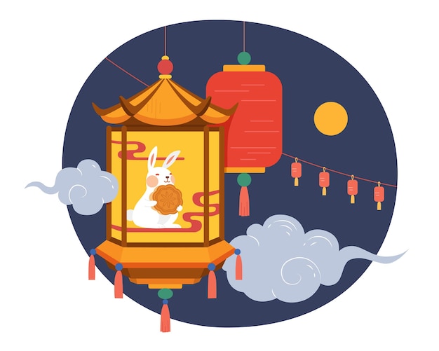 Vector mid autumn festival design flat illustration of jade rabbit character holding mooncake in hanging lantern at night with moon and clouds