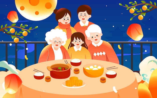 Mid-autumn festival family eating together to celebrate the festival with the moon and clouds