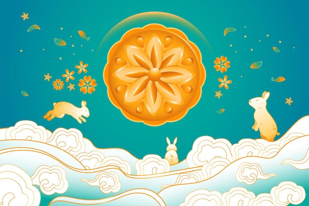 Mid Autumn festival illustration with rabbit and cloud background