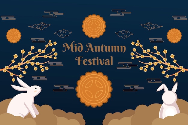 Mid autumn festival illustration with two rabbits mooncake and tree