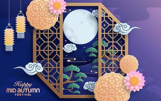 Mid autumn festival paper art style with full moon, moon cake, chinese lantern and rabbits