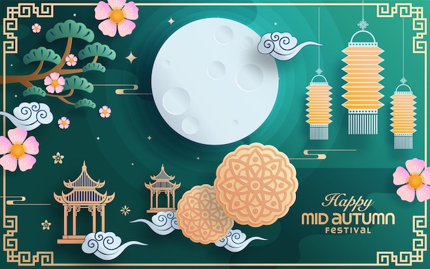 Mid autumn festival paper art style with full moon, moon cake, chinese lantern and rabbits