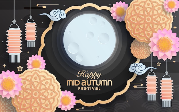 Mid autumn festival paper art style with full moon, moon cake, chinese lantern and rabbits