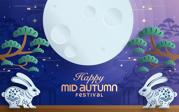 Mid autumn festival paper art style with full moon, moon cake, chinese lantern and rabbits