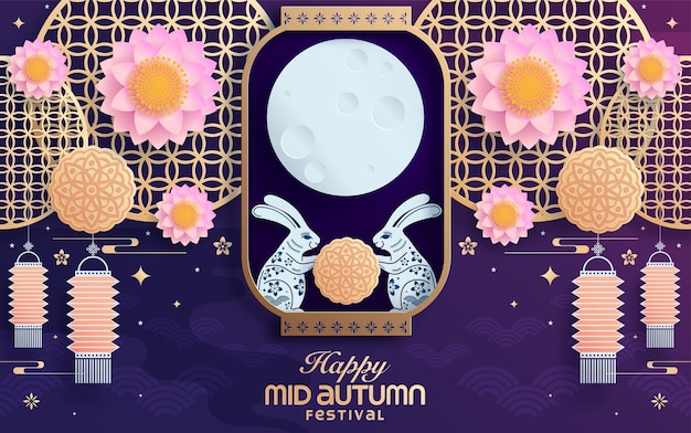 Mid autumn festival paper art style with full moon, moon cake, chinese lantern and rabbits