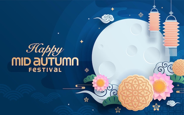 Mid autumn festival paper art style with full moon and rabbits on background