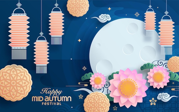 Mid autumn festival paper art style with full moon and rabbits on background