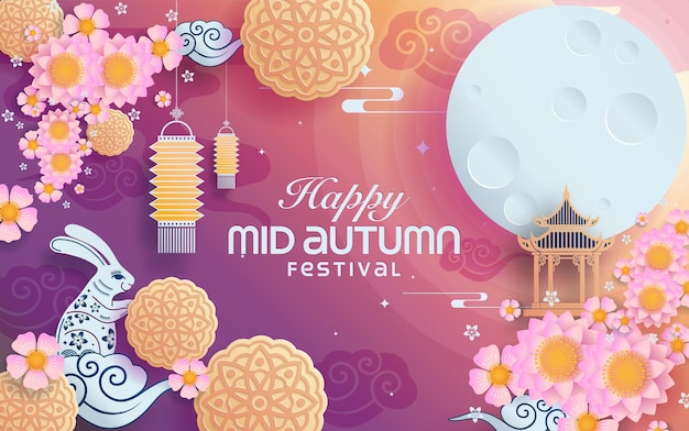 Mid autumn festival paper art style with full moon