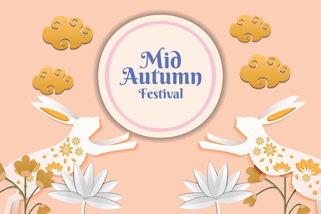 Mid autumn festival in paper art with lotus rabbit and cloud