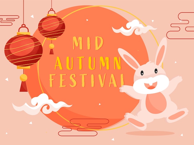 Mid Autumn Festival Poster Design with Cartoon Bunny Dancing, Clouds and Hanging Chinese Lanterns Decorated on Peach Background.