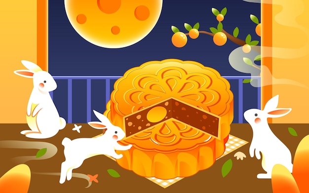 Mid-autumn festival, rabbit is looking at the moon in the sky next to moon cakes, vector