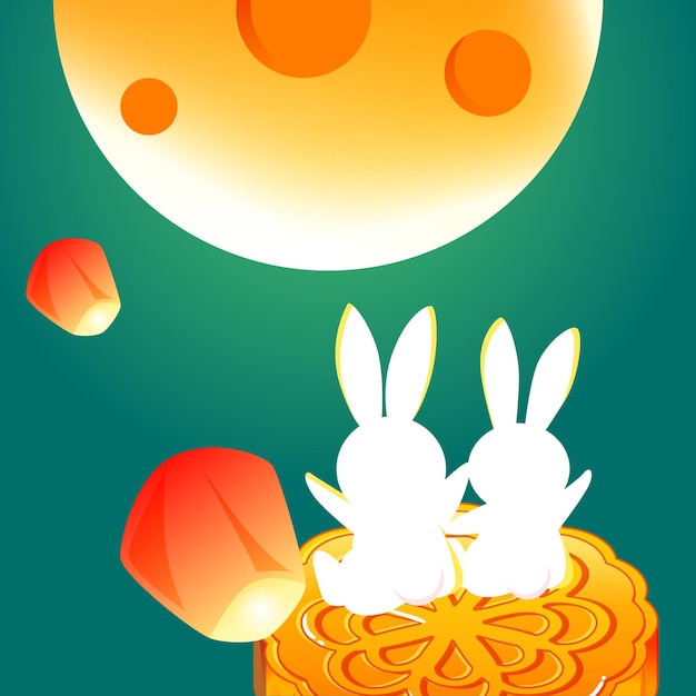 Mid-autumn festival, rabbits are looking at the moon in the sky, Kong ming lanterns are flying