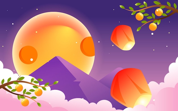 Mid-autumn festival, rabbits are looking at the moon in the sky, Kong ming lanterns are flying