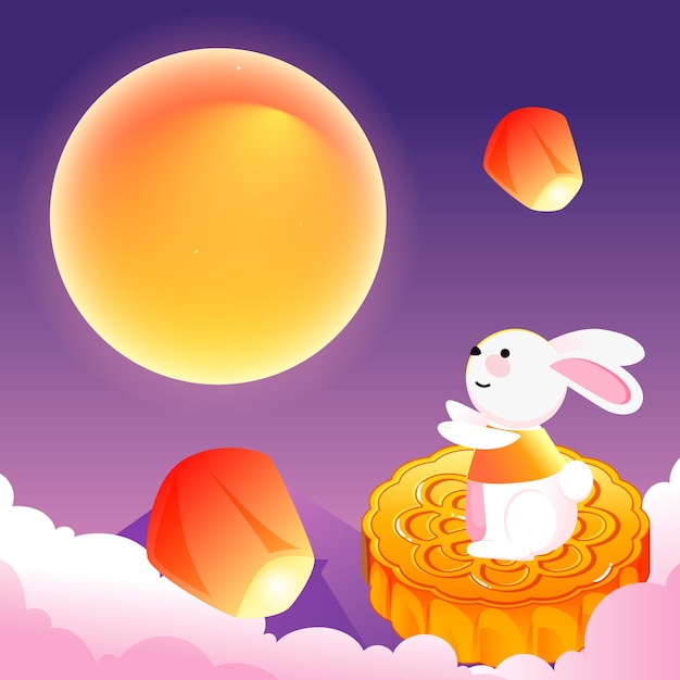 Mid-autumn festival, rabbits are looking at the moon in the sky, Kong ming lanterns are flying