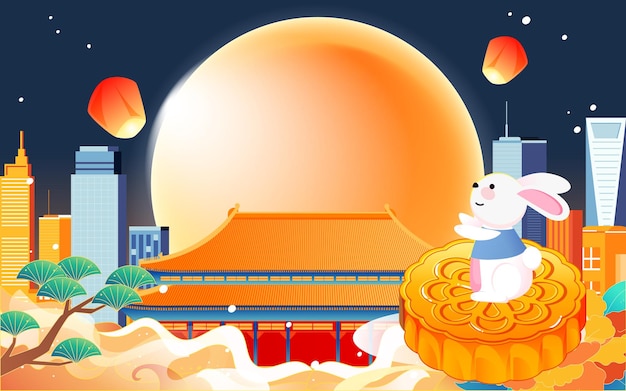 Mid-autumn festival, traditional Chinese ancient architecture with moon and clouds