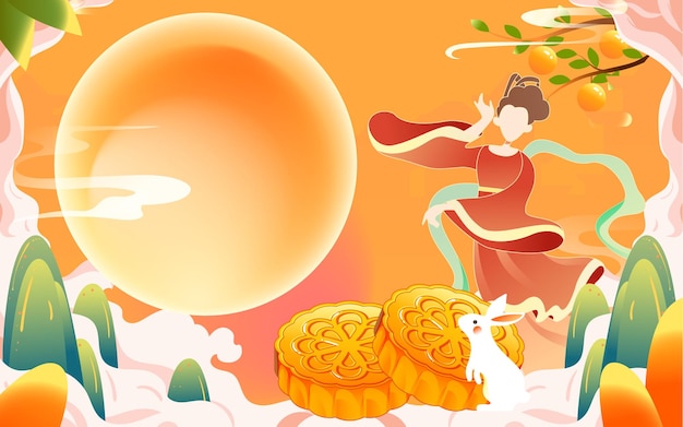 Mid-autumn festival, traditional Chinese mythology story Chang'e flying to the moon, vector