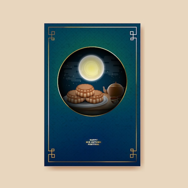 Mid Autumn festival with chinese tea pot and moon mooncake on color pattern Background