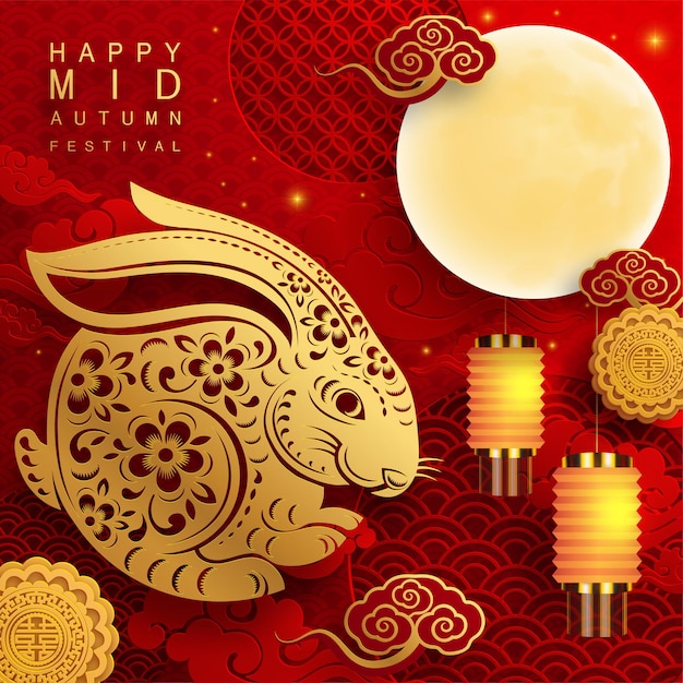 Mid Autumn festival with rabbit and moon mooncake flower chinese lanterns