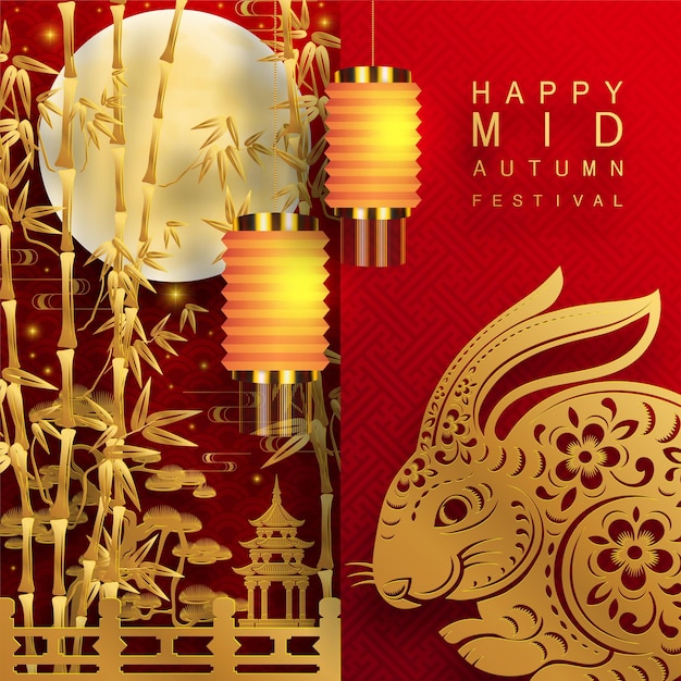 Mid Autumn festival with rabbit and moon mooncake flower chinese lanterns