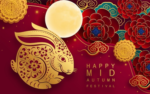 Mid Autumn festival with rabbit and moon mooncake flower chinese lanterns