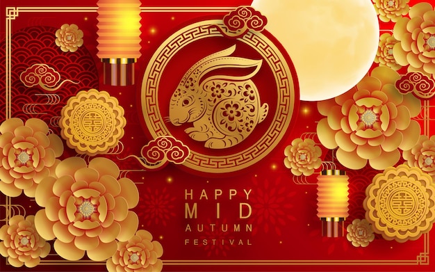 Mid Autumn festival with rabbit and moon mooncake flower chinese lanterns