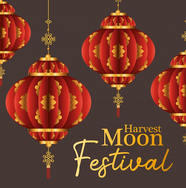 Mid autumn harvest moon festival with red lanterns