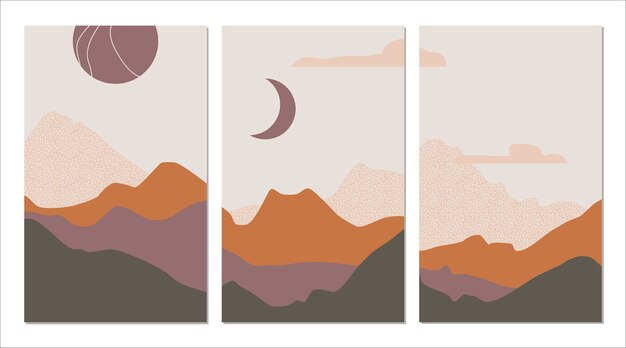 Mid century Abstract mountain landscape, sun, moon in earthy tones, burnt orange. Modern minimalist