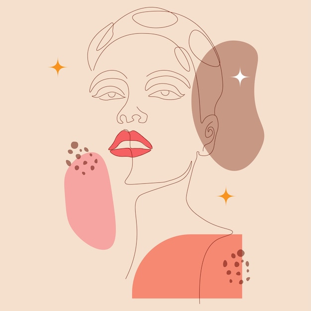 mid century modern Hand drawn line art women face illustration