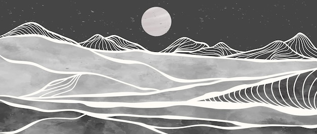 Mid century modern mountain line art print Abstract contemporary aesthetic backgrounds landscapes illustration black and white of mountain moon and river