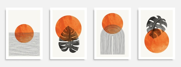 Mid cetury poster set with boho elements and hand drawn shapes