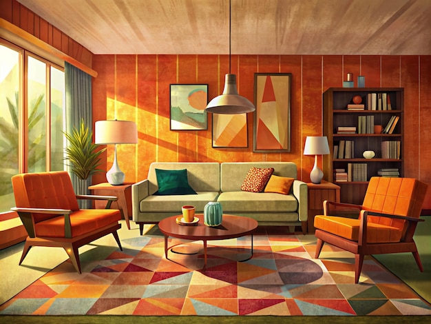 Vector midcentury modern living room a stylish and comfortable living room with retro furniture