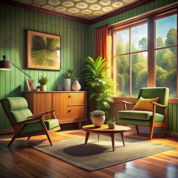 MidCentury Modern Living Room with Green and Yellow Accents