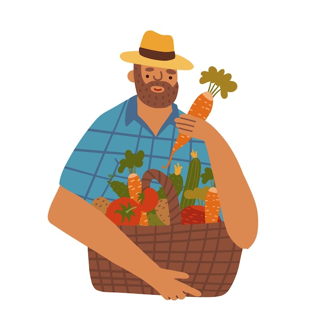 Middle aged manfarmer with beard wearing denim and hat with basket of different vegetables vector fl...