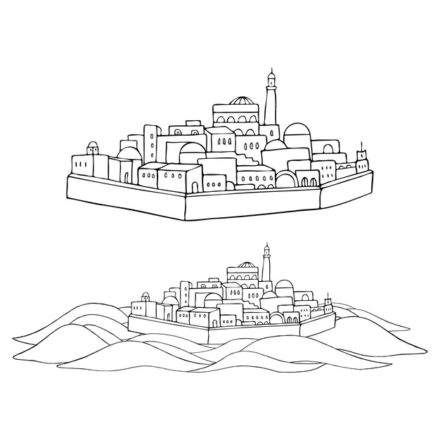 Vector middle east antique city castle fort in desert line vector illustration set jerusalem drawing