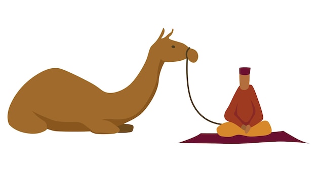 Middle east Bedouin with camel Arabic desert traditional symbol Flat vector illustration