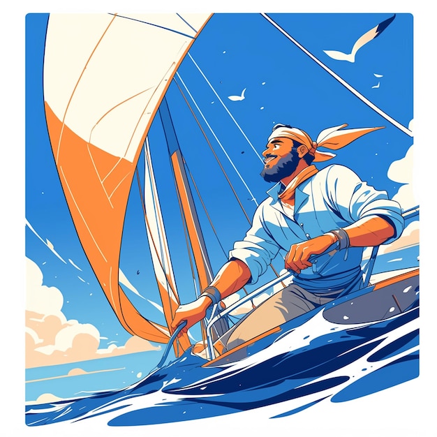 Vector middle eastern boy in his 40s learning to sail