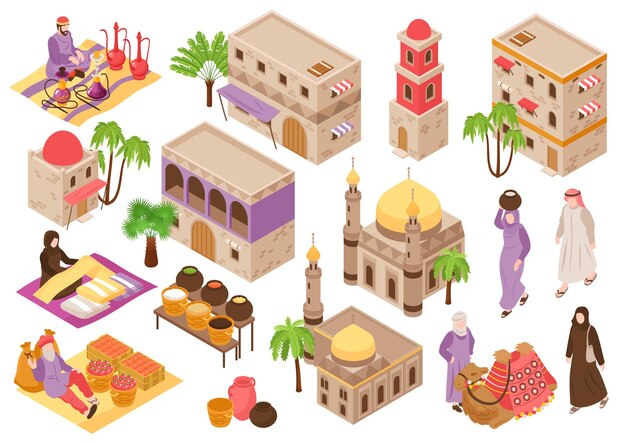 Vector middle eastern cityscape set with elements of ethnic architecture and people in national clothes isolated vector illustration