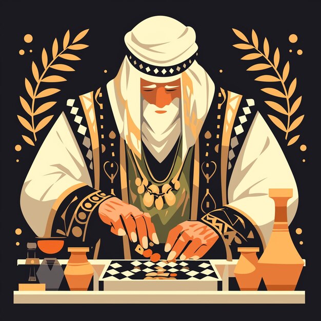 Vector middle eastern elderly man playing backgammon