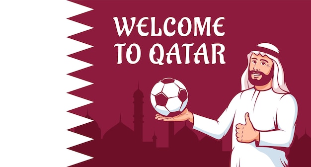 Middle eastern football Arab man with soccer ball on Qatar flag background