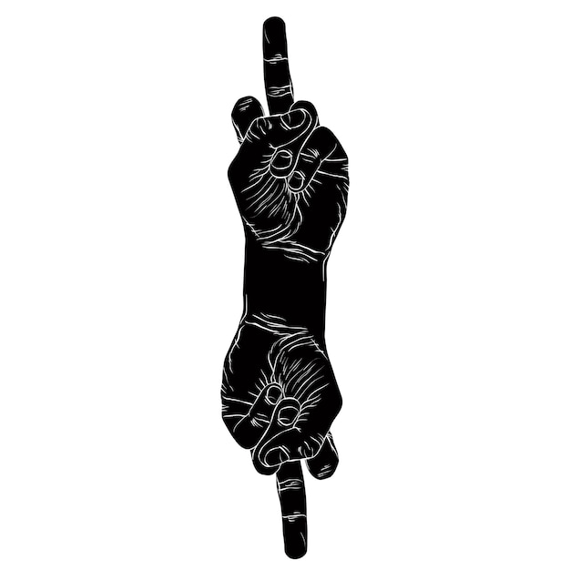 Middle finger hand sign with two hands, detailed black and white vector illustration.