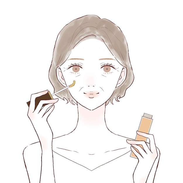 Middle-old woman with concealer. On a white background.