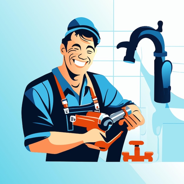 Vector middleaged happy man fit plumber works with rehau instrument on plumbing vector illustration flat