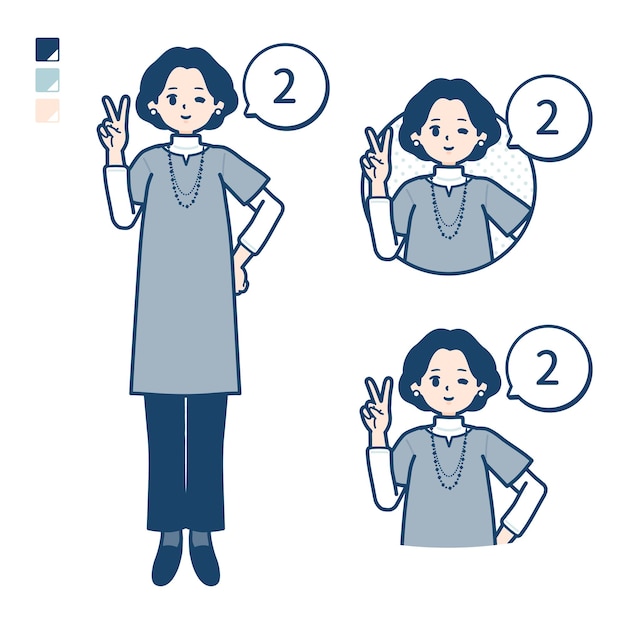 Middleaged woman in a tunic with Counting as 2 images