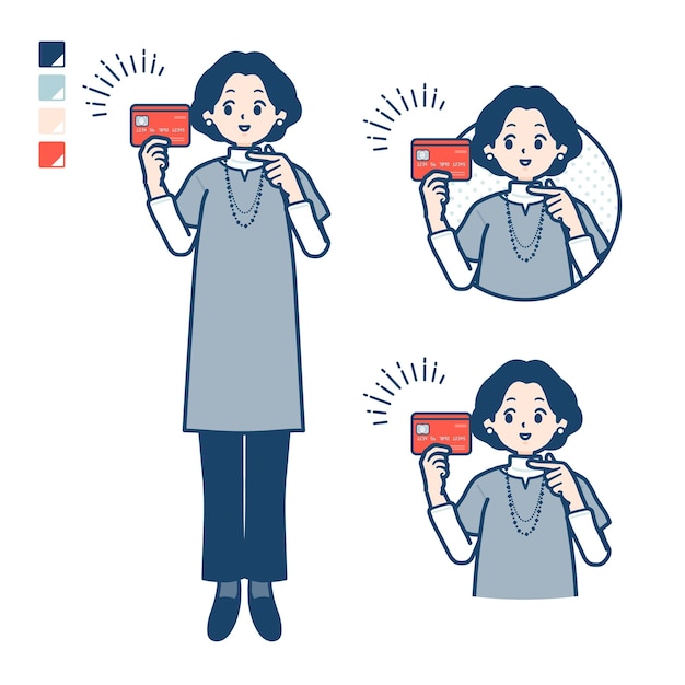 Middleaged woman in a tunic with pointing at credit card images