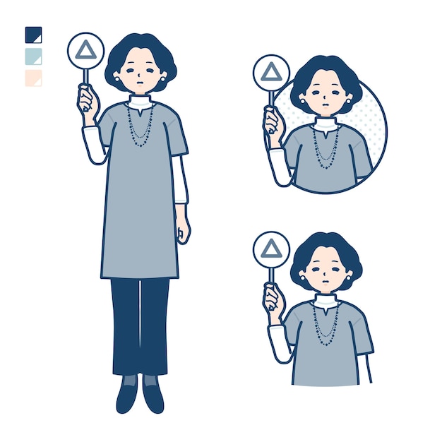 Middleaged woman in a tunic with Put out a Triangle panel images