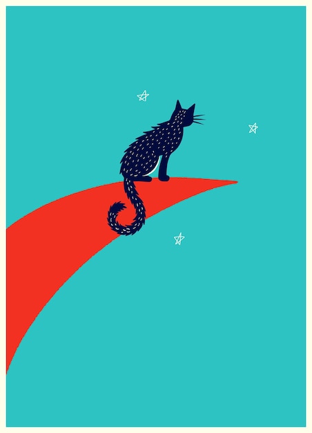 Vector midnight blue cat perched on crescent moon with stars whimsical night sky illustration