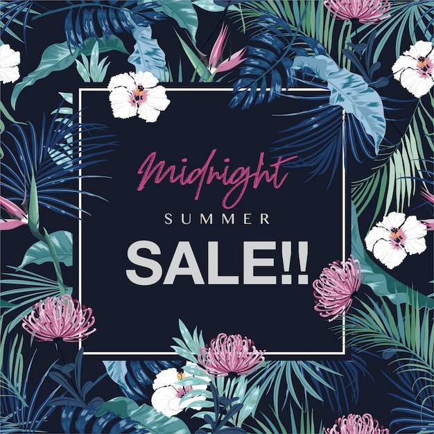 Midnight Summer SALE with tropical leaves and flowers