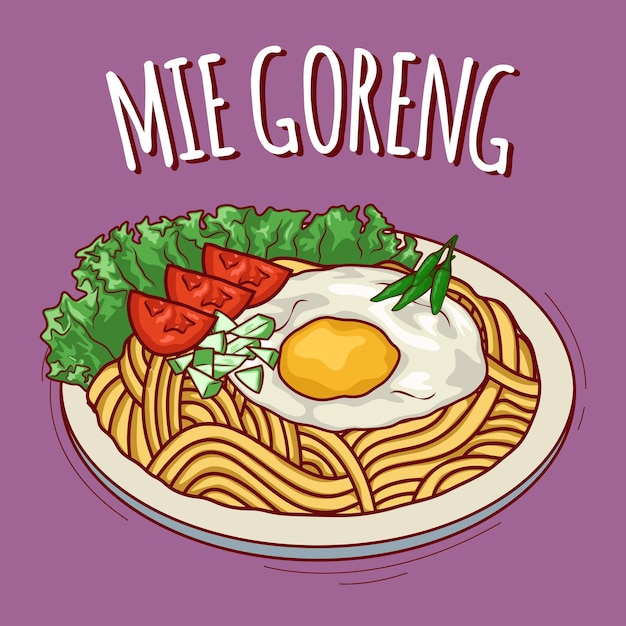 Mie goreng or Fried Noodles llustration Indonesian food with cartoon style