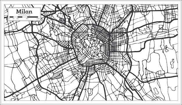 Vector milan italy city map in retro style in black and white color. outline map. vector illustration.